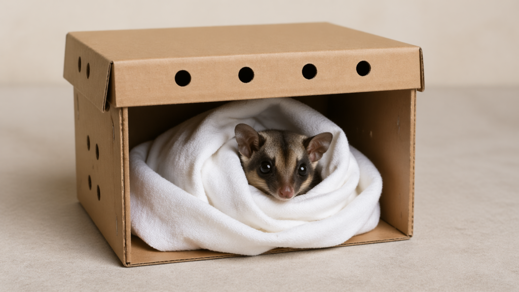 Pequeno animal silvestre envolto em pano branco dentro de uma caixa de transporte simples, em ambiente neutro e seguro.