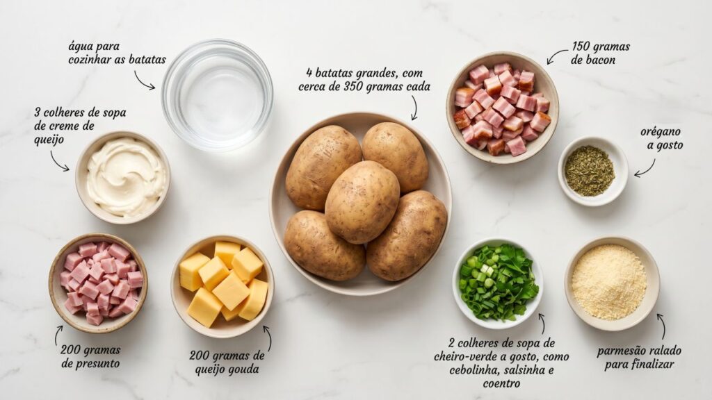 Misture purê de batata, creme de queijo, presunto e gouda e faça uma batata recheada super cremosa em minutos