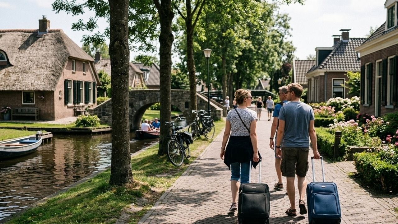 Pessoas com malas caminhando em uma vila holandesa com canais, barcos e casas.