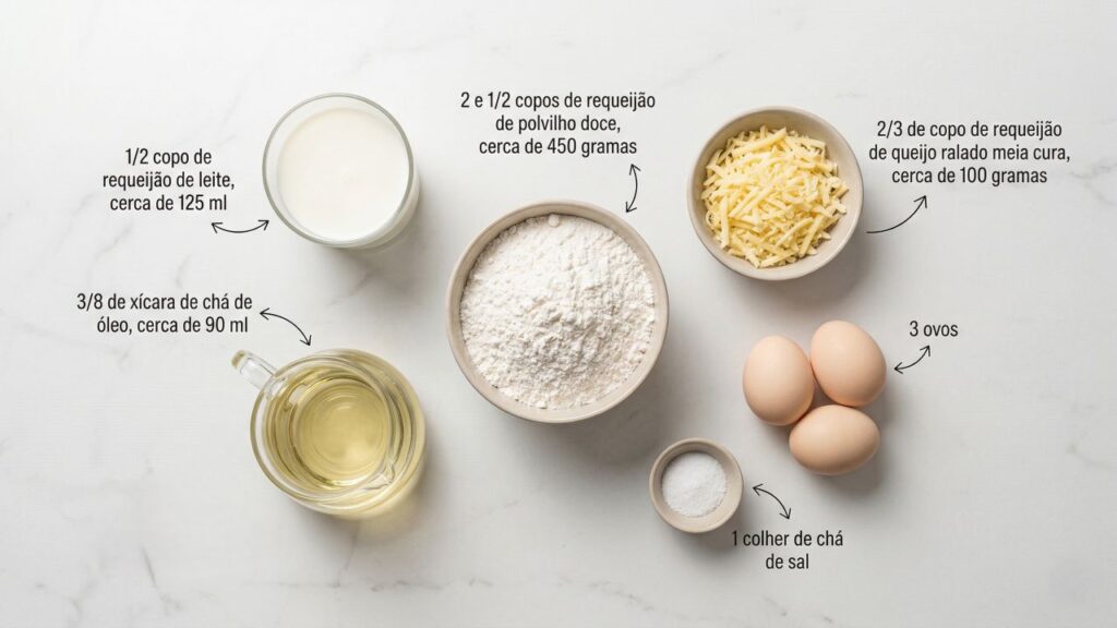 Coloque polvilho, queijo e ovos na tigela e faça um biscoito de queijo caseiro pronto rapidinho