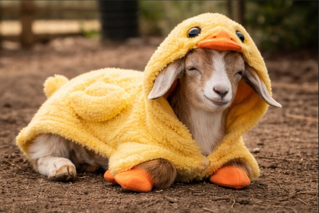 Essa cabra ansiosa é apaixonada por sua fantasia de patinho