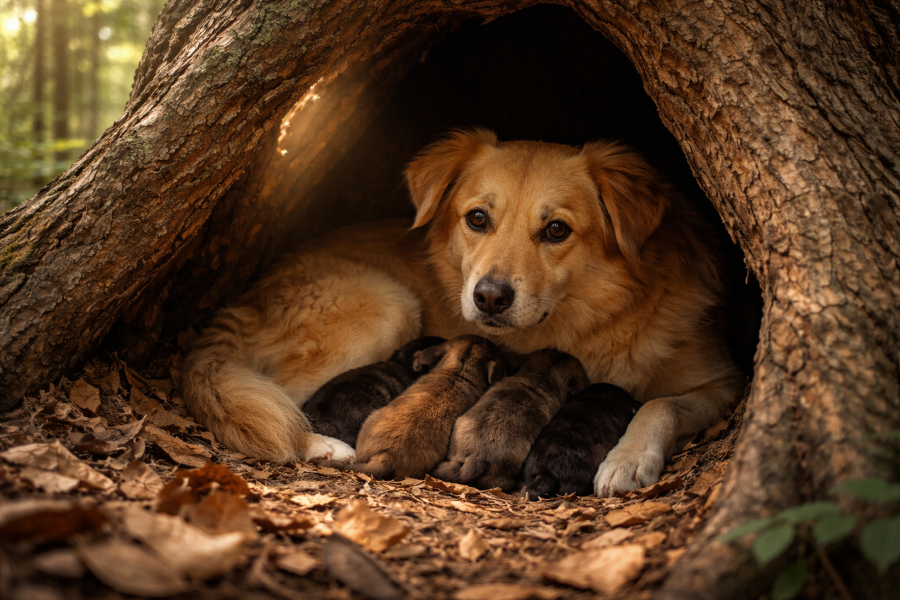 Cadela perdida leva equipes de resgate até árvore oca e faz descoberta emocionante