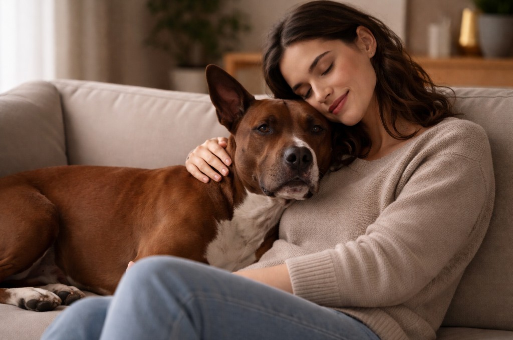 Cachorro de resgate sabe exatamente como confortar sua pessoa favorita