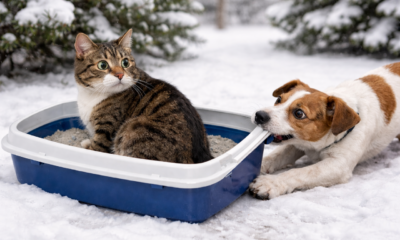 Esse cachorro obcecado pela neve vê gato na caixa de areia e decide que agora é um trenó