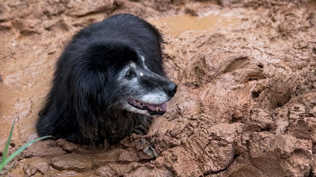 Cão idoso fica preso na lama e é salvo em resgate emocionante