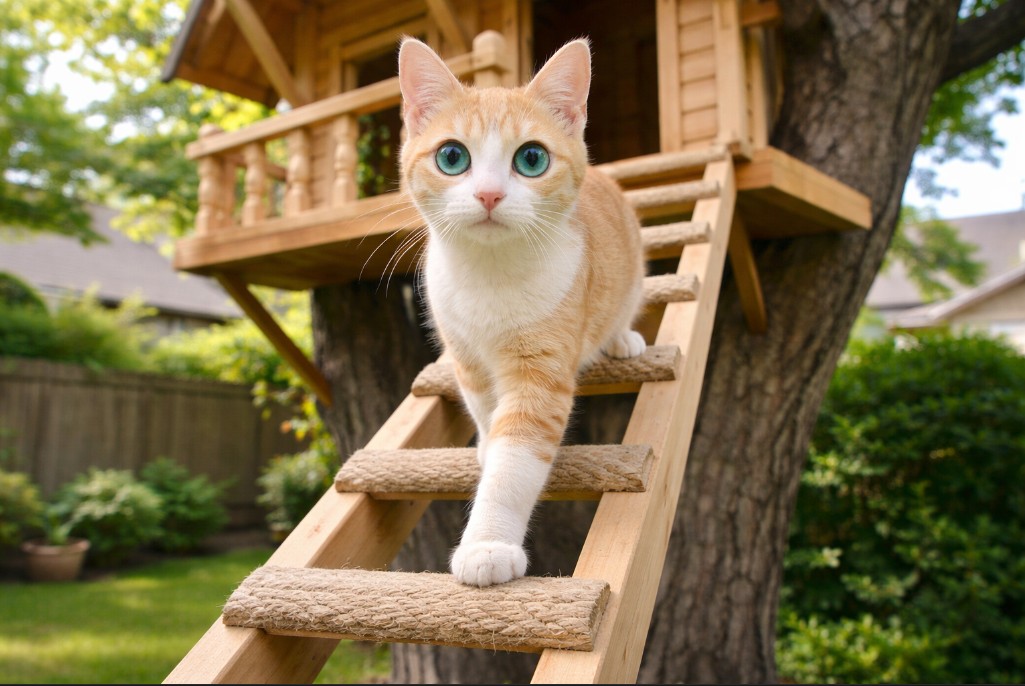 Esse gato tem a sua própria casa na árvore customizada