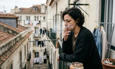 Mulher com cabelo cacheado fumando cigarro na varanda, exalando fumaça, com vista para a cidade.