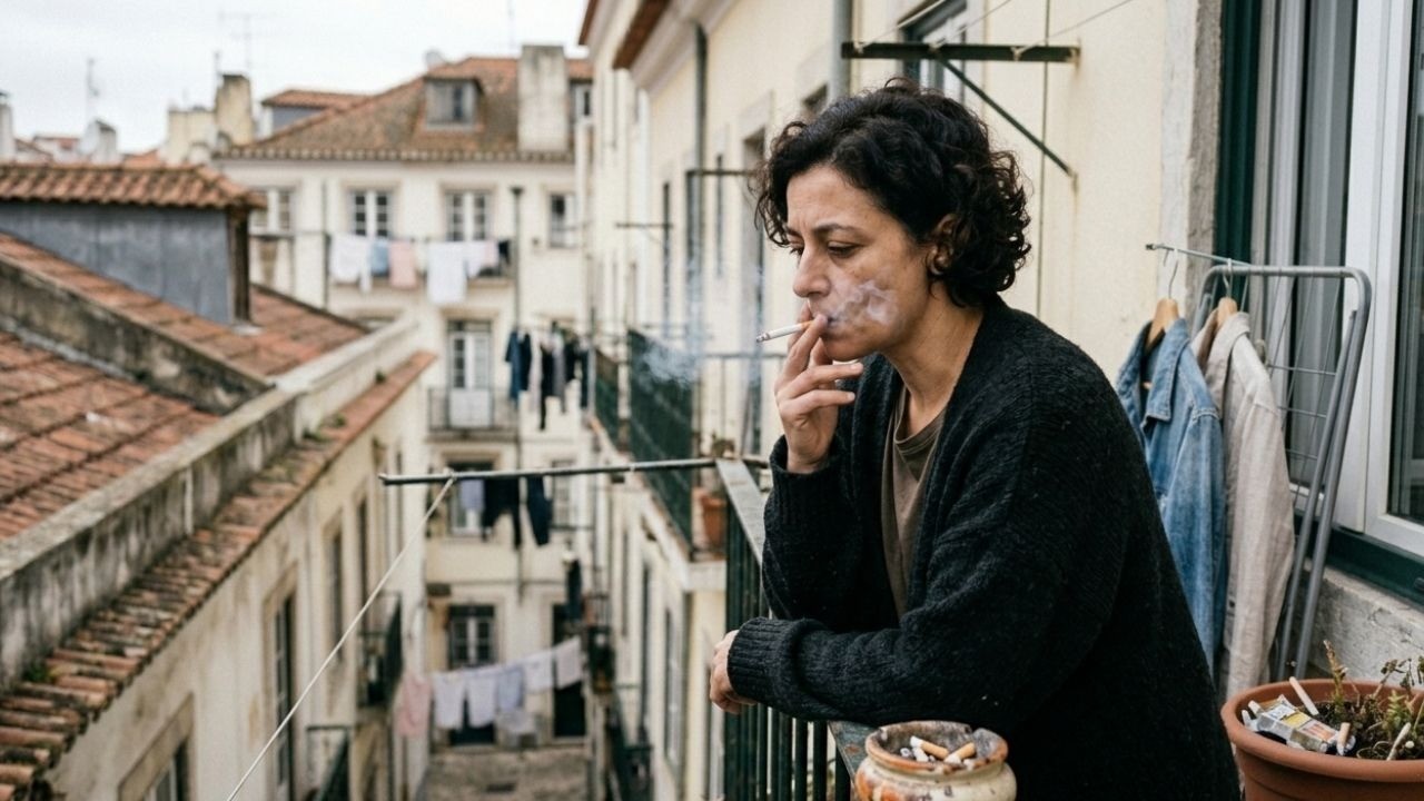 Mulher com cabelo cacheado fumando cigarro na varanda, exalando fumaça, com vista para a cidade.
