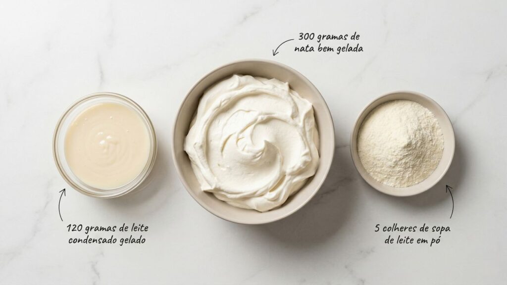 Misture nata, leite condensado e leite em pó e faça um chantininho firme, leve e delicioso