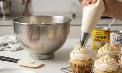 Misture nata, leite condensado e leite em pó e faça um chantininho firme, leve e delicioso