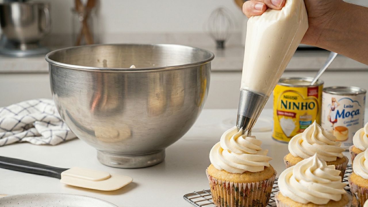 Misture nata, leite condensado e leite em pó e faça um chantininho firme, leve e delicioso