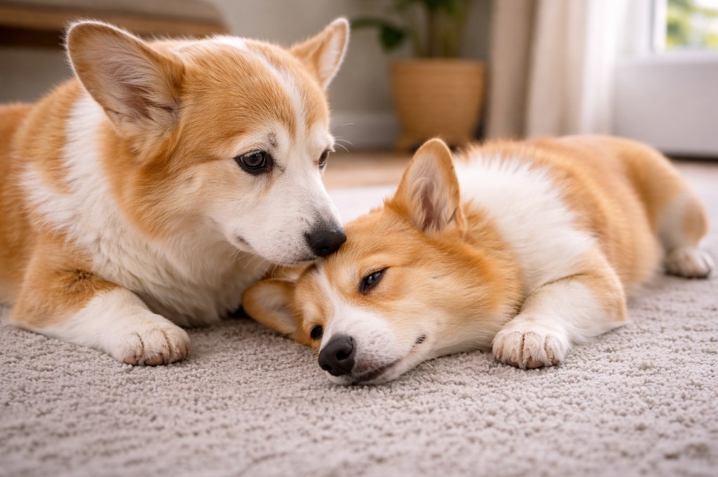 Corgi rabugento conforta irmãozinho doente após ir ao veterinário pela primeira vez