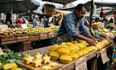 Homem feirante e cliente em barraca de frutas com carambolas cortadas em estrela.