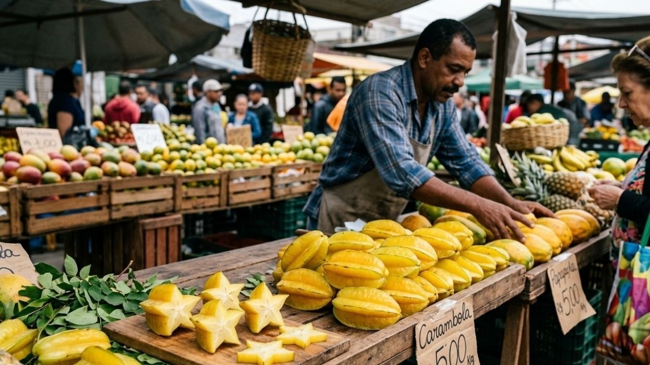 Homem feirante e cliente em barraca de frutas com carambolas cortadas em estrela.