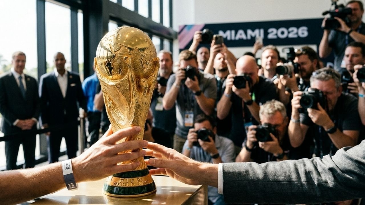 Mãos seguram o troféu da Copa do Mundo FIFA. Fotógrafos e banner 'MIAMI 2026' no fundo.