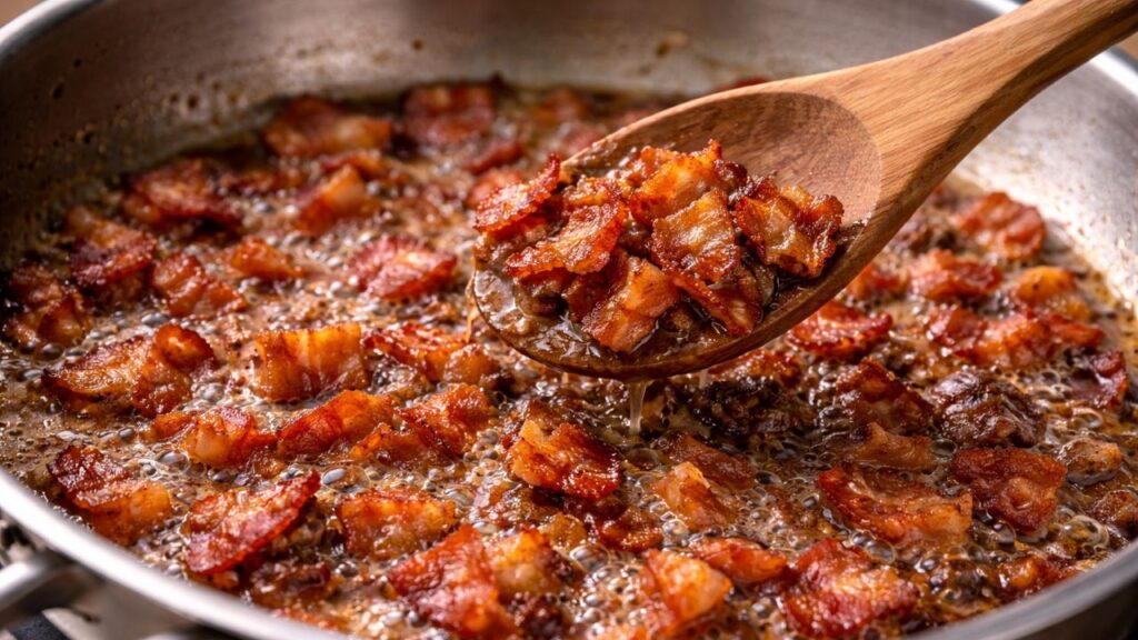 Prato com carne e bacon ao molho de batata que fica cremoso e irresistível