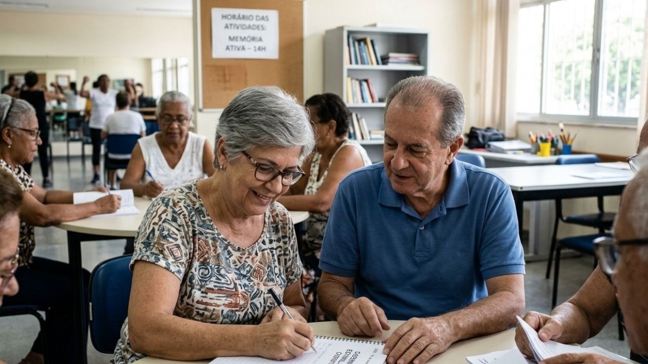 Mulher idosa sorri escrevendo, homem observa, outros idosos. Placa: 'MEMÓRIA ATIVA'.