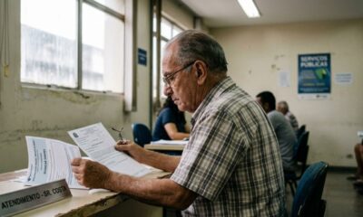 Homem idoso com óculos lê documentos sobre 'DOENÇAS GRAVES' em atendimento público.