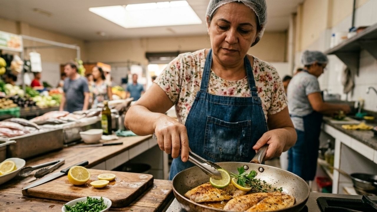 Mulher em avental cozinha filés de peixe em frigideira com limão e ervas.