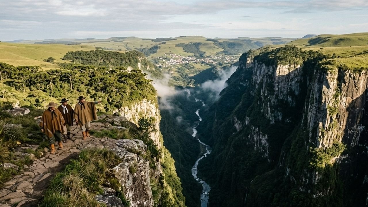 Três homens em trajes gaúchos em trilha rochosa, observando cânion vasto com rio e cidade.