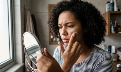 Mulher com cabelo cacheado aplicando creme em espinha no rosto com espelho.