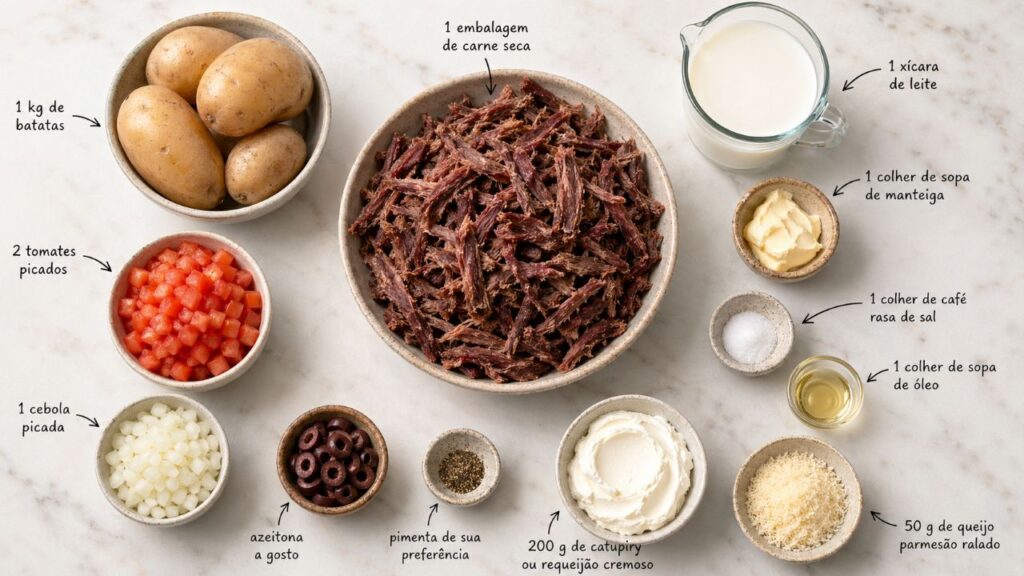 Esse escondidinho de carne seca com purê de batatas fica super cremoso, perfeito para servir no jantar de domingo