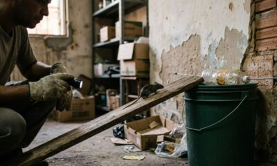 Homem com luvas e lanterna observa rato em rampa de madeira para armadilha de balde.