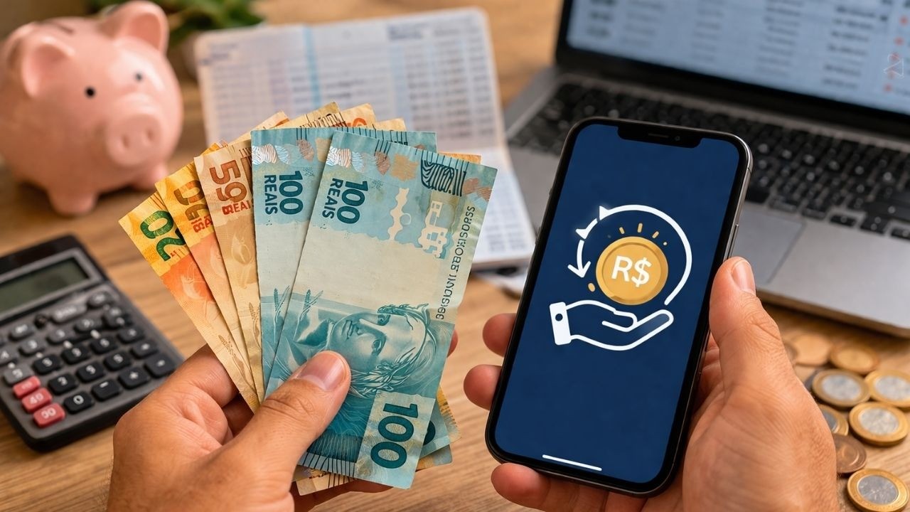 Mãos seguram notas de reais e um celular com ícone de resgate financeiro. Calculadora e cofrinho.