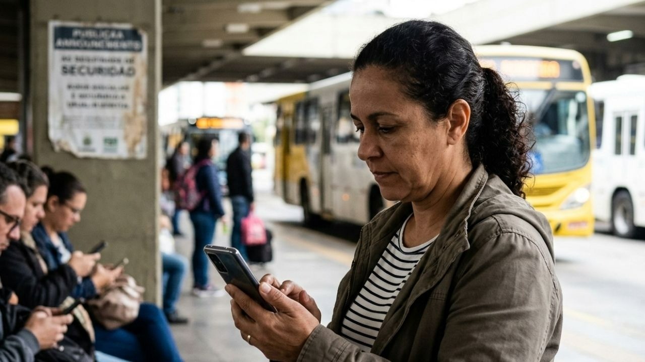 Mulher em ponto de ônibus urbano usando smartphone, outras pessoas também olham celulares.