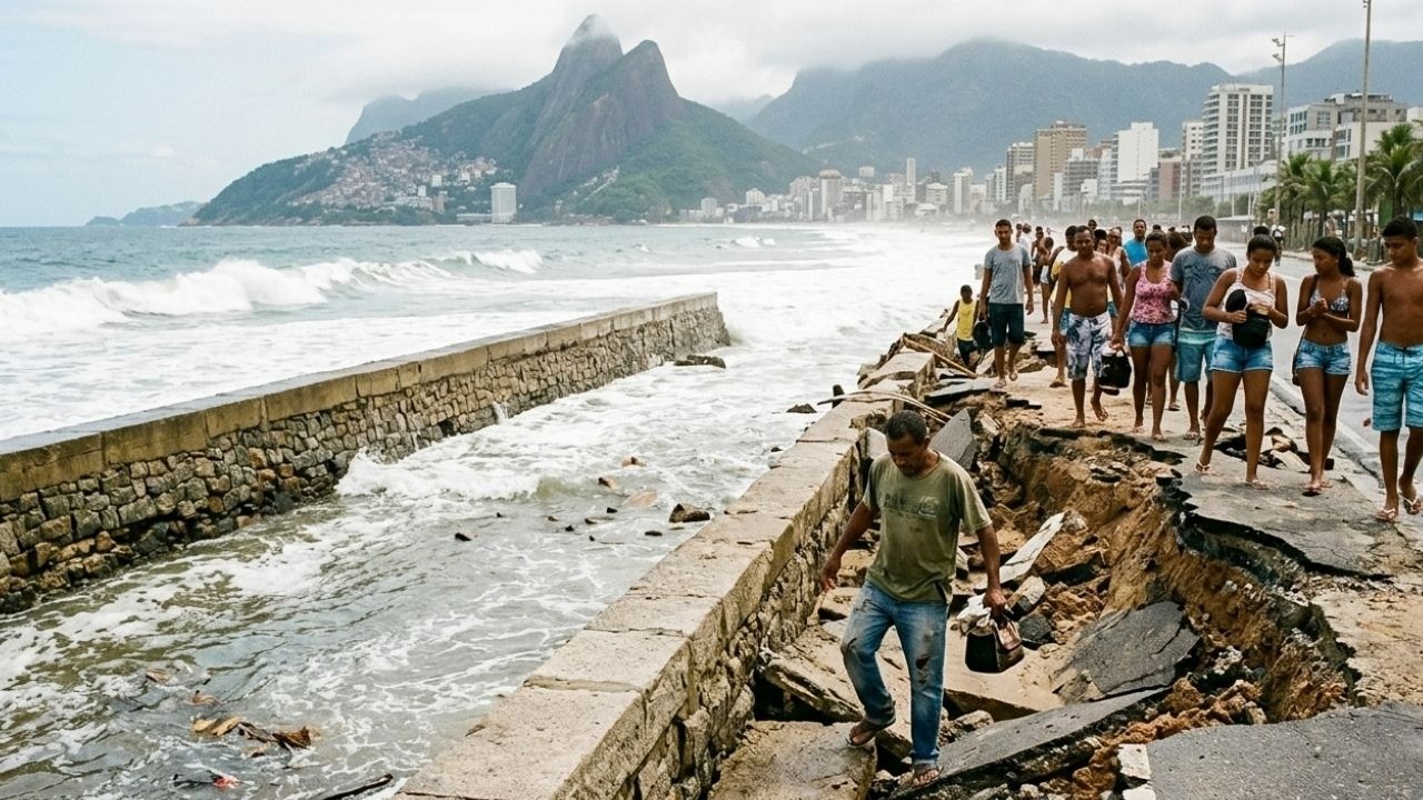 Pessoas caminham por calçadão costeiro danificado, com ondas quebrando ao lado e montanhas ao fundo.