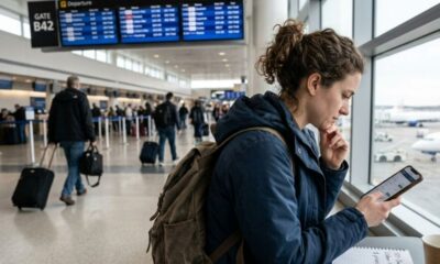 Mulher em aeroporto olhando o celular com mochilão, painel de embarque e aviões ao fundo.