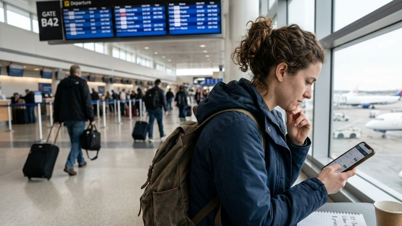 Mulher em aeroporto olhando o celular com mochilão, painel de embarque e aviões ao fundo.