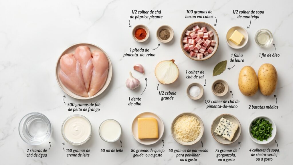 Misture frango, batata, creme de leite e queijo e faça um prato cremoso e cheio de sabor