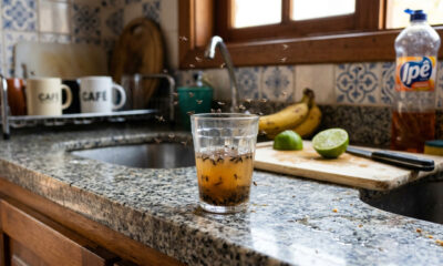 Açúcar, vinagre e detergente formam uma armadilha simples que pode ajudar quando mosquitinhos aparecem perto da fruteira ou da pia.