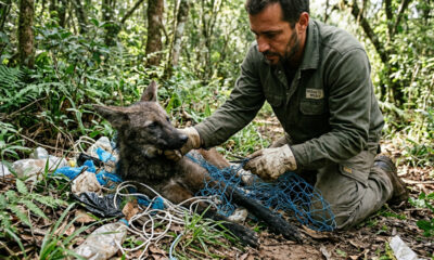 Animal selvagem enrolado em lixo é salvo pelas mãos de homem durante “resgate mágico”