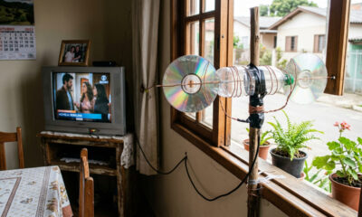 Essa ideia com CDs antigos e garrafa plástica criou uma antena caseira bem curiosa