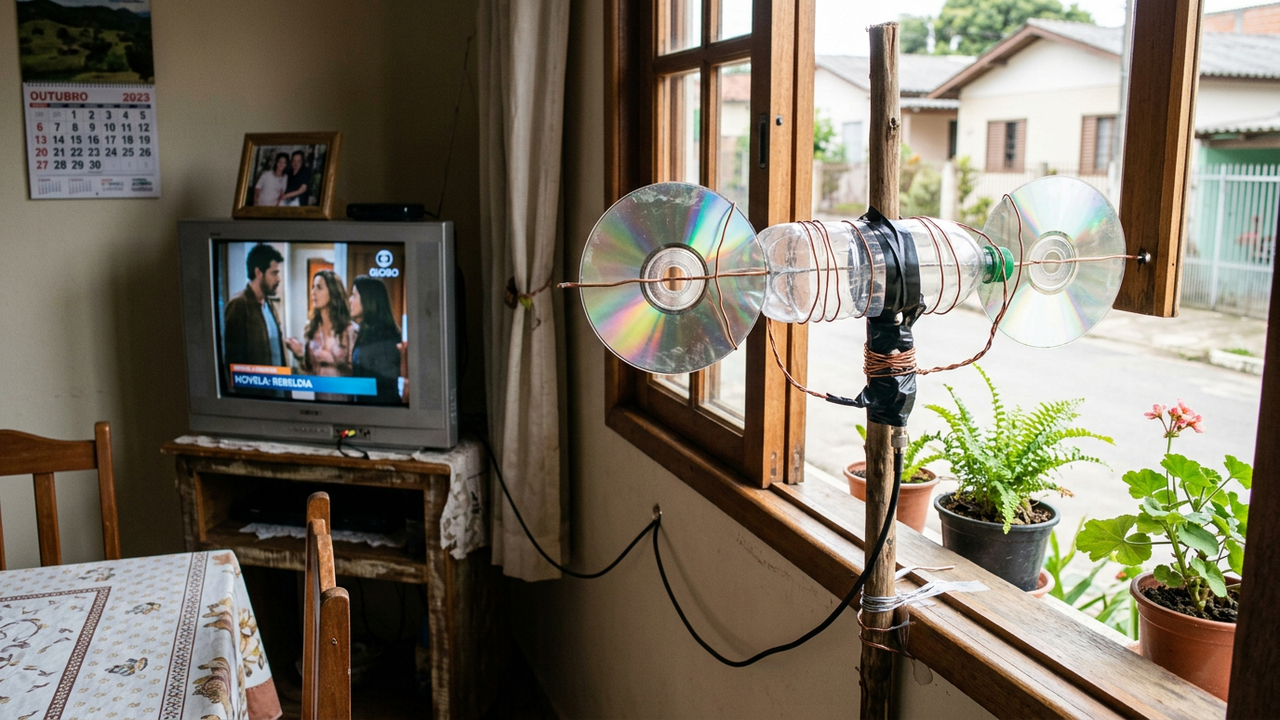 Essa ideia com CDs antigos e garrafa plástica criou uma antena caseira bem curiosa