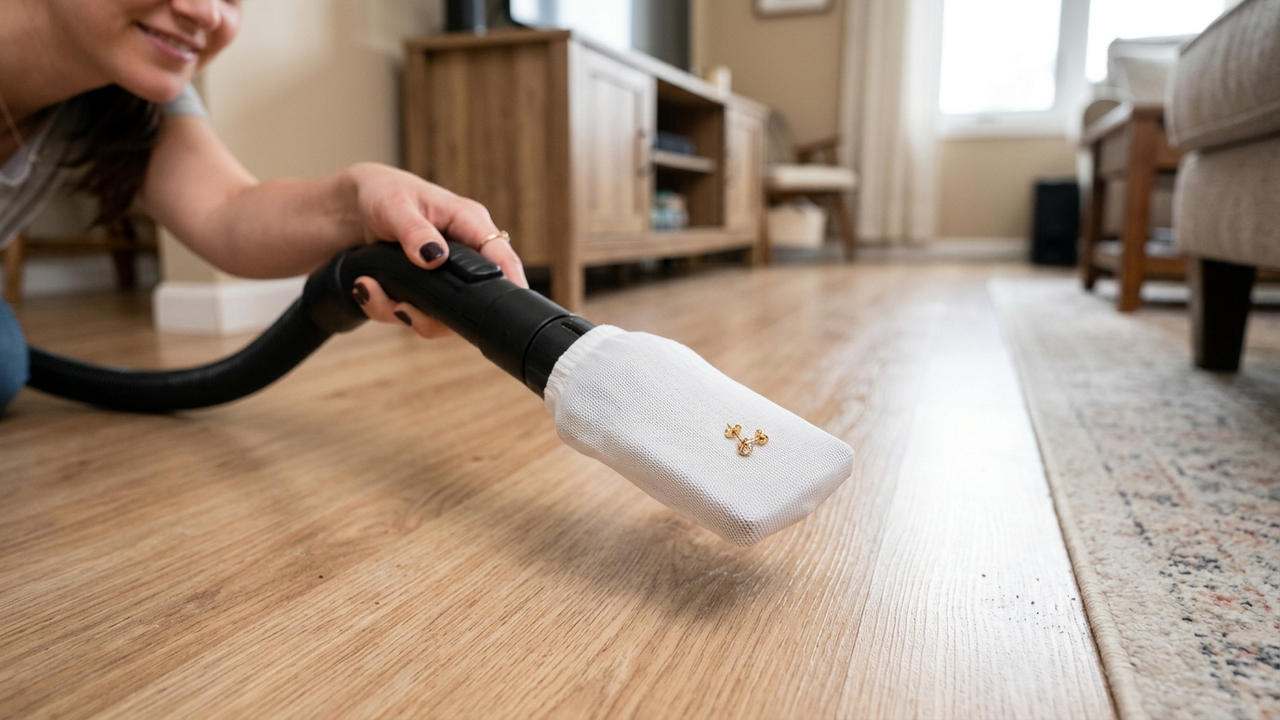 Colocar uma meia no aspirador parece estranho, mas esse truque salva peças pequenas em segundos