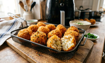 Esse bolinho de arroz da minha tia fica douradinho na air fryer, perfeito para aproveitar o arroz que sobrou
