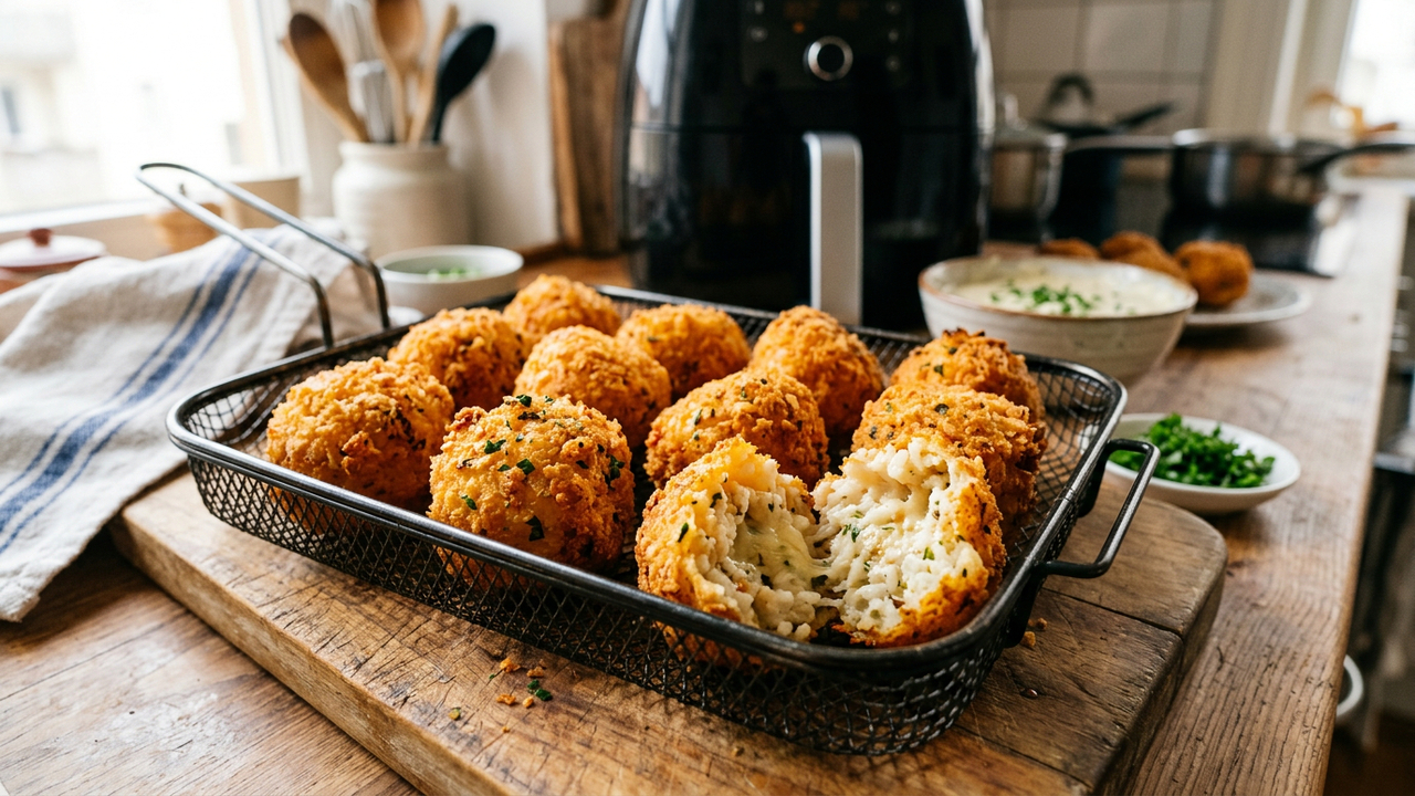 Esse bolinho de arroz da minha tia fica douradinho na air fryer, perfeito para aproveitar o arroz que sobrou