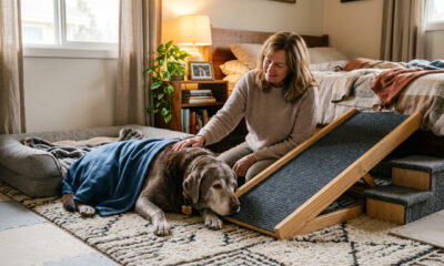 Cão idoso deitado ao lado de uma cama baixa em quarto aconchegante, rampa pequena ao lado dos degraus e ambiente adaptado para facilitar a locomoção, cena realista, emoção clara de cuidado e proteção