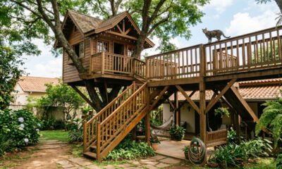 Esse gato tem a sua própria casa na árvore customizada