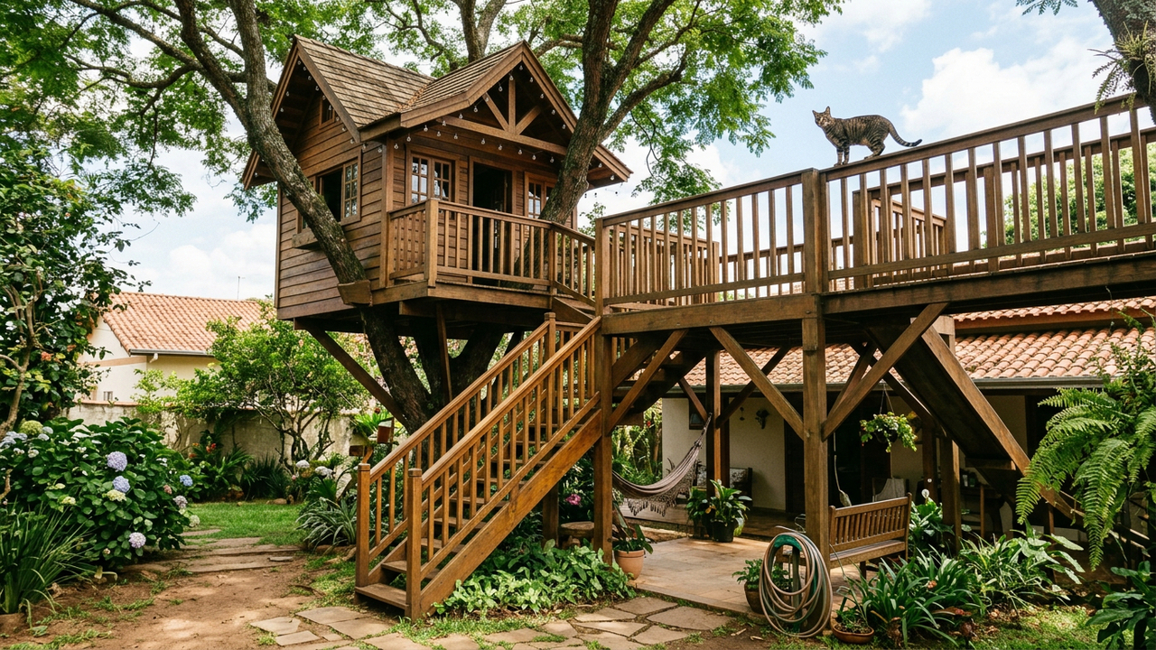 Esse gato tem a sua própria casa na árvore customizada