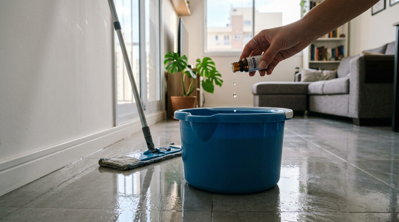 Adiciono 2 gotas à água de limpeza do chão: a casa fica com cheiro de hotel 5 estrelas por três dias e a poeira se acumula muito mais lentamente