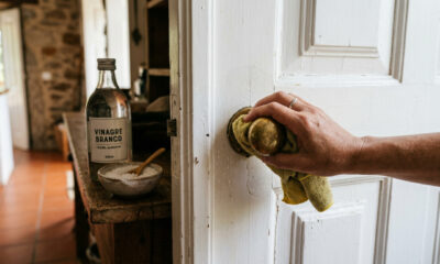 Quais são os benefícios de limpar a porta da frente com água, vinagre e sal?
