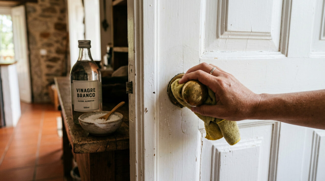 Quais são os benefícios de limpar a porta da frente com água, vinagre e sal?