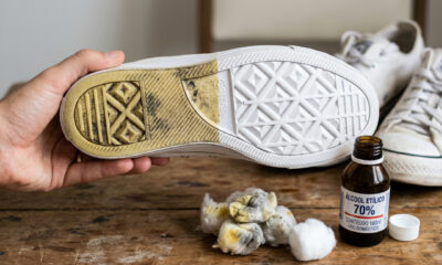 Apenas três gotas em um algodão: a sola amarelada do tênis vai ficar quase como nova