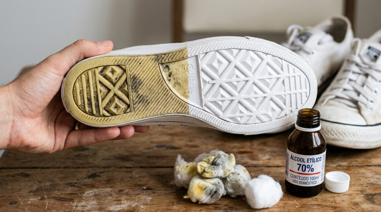 Apenas três gotas em um algodão: a sola amarelada do tênis vai ficar quase como nova