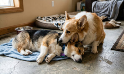 Corgi rabugento conforta irmãozinho doente após ir ao veterinário pela primeira vez