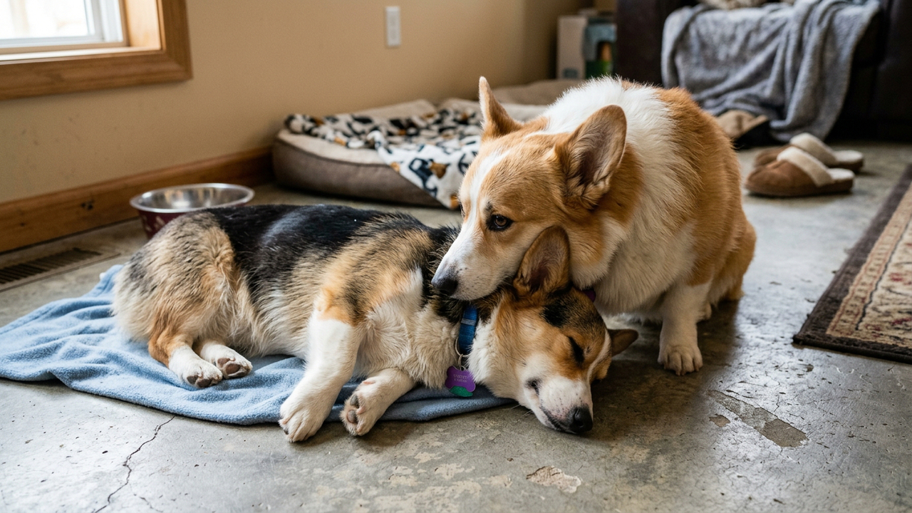 Corgi rabugento conforta irmãozinho doente após ir ao veterinário pela primeira vez